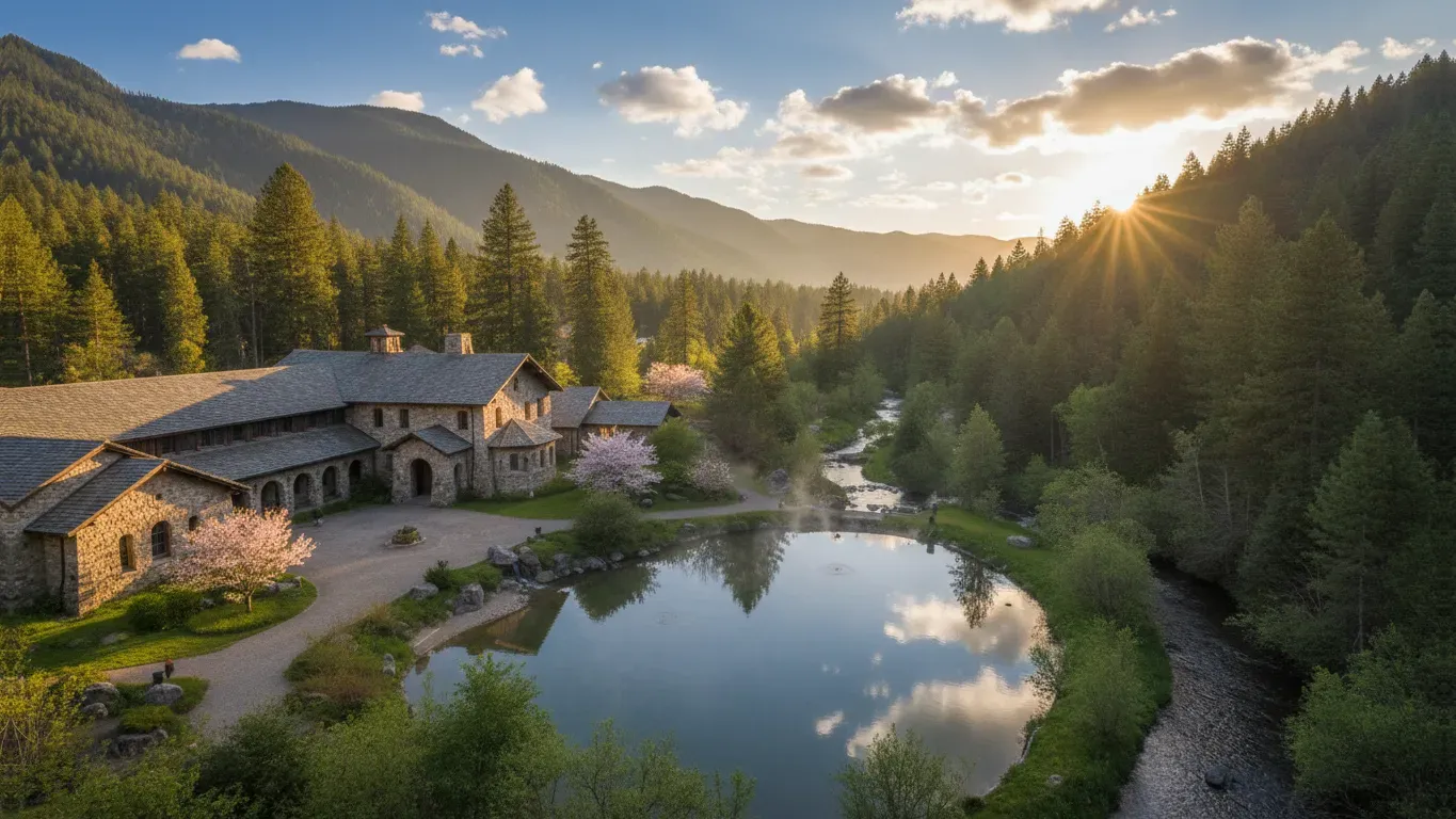 Temple Monastery — The monastery is set on 250 acres of predominantly forested land in the small town of Temple, New Hampshire. It features a mix of old farm buildings and modern meditation cabins, creating a rustic yet comfortable atmosphere amidst the natural beauty of the woods.
